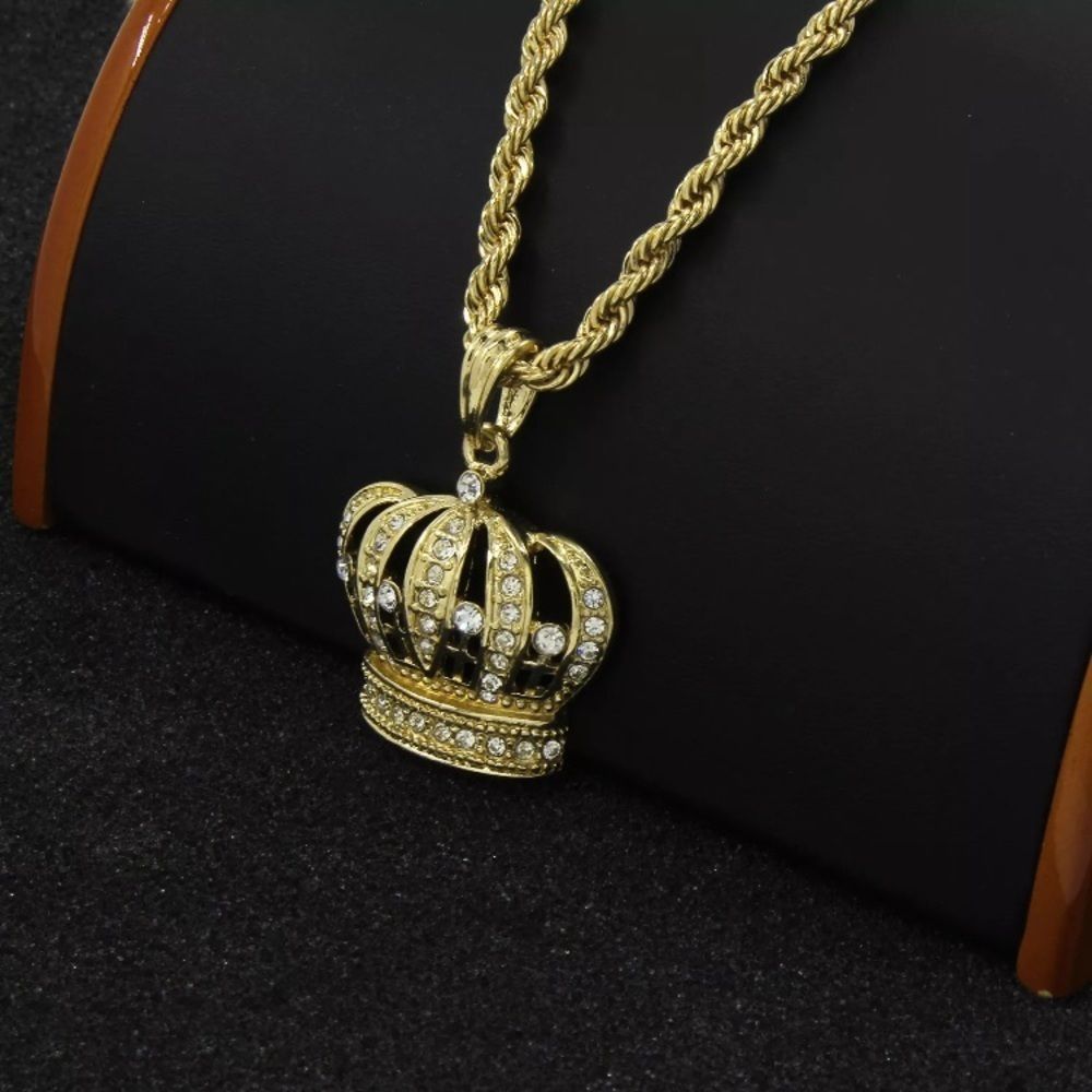 Crown Pendant Rope Chain Gold Iced Out Necklace - Picture 4 of 4